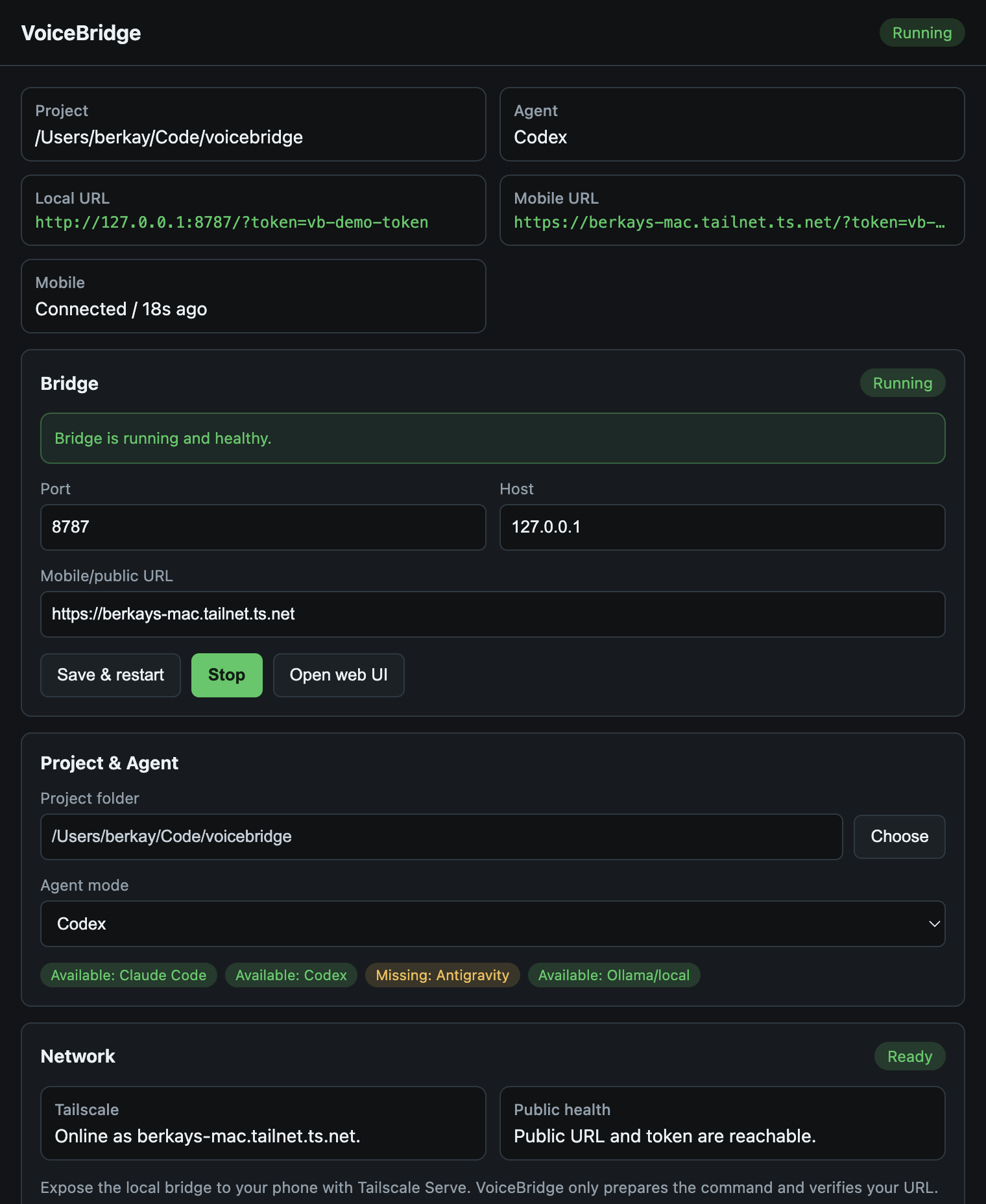 VoiceBridge desktop host control panel showing bridge health, Tailscale diagnostics, and pairing controls